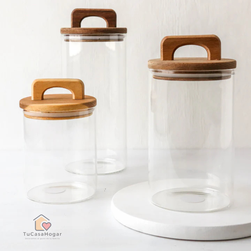 Set de 3 Frascos de Vidrio con Tapa de Madera de Acacia