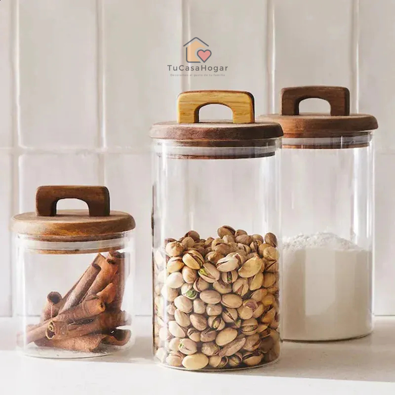 Set de 3 Frascos de Vidrio con Tapa de Madera de Acacia