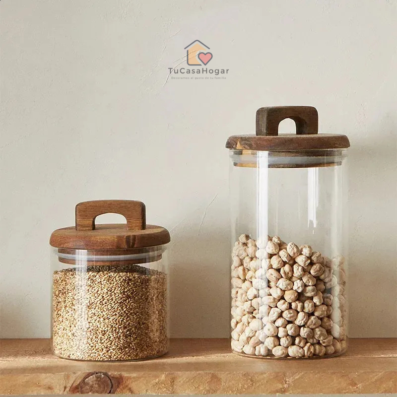 Set de 3 Frascos de Vidrio con Tapa de Madera de Acacia