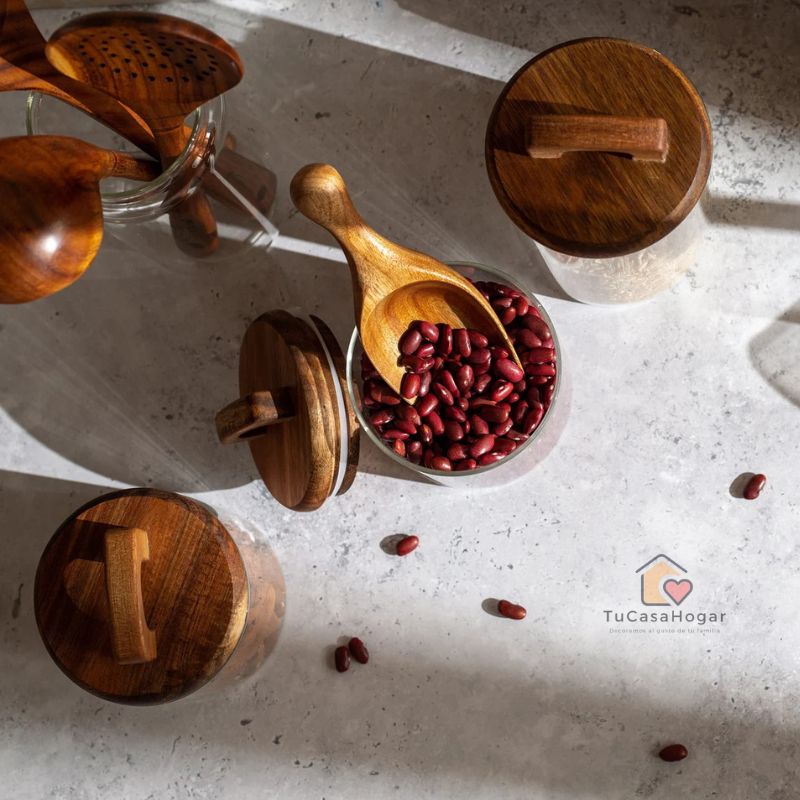 Set de 3 Frascos de Vidrio con Tapa de Madera de Acacia