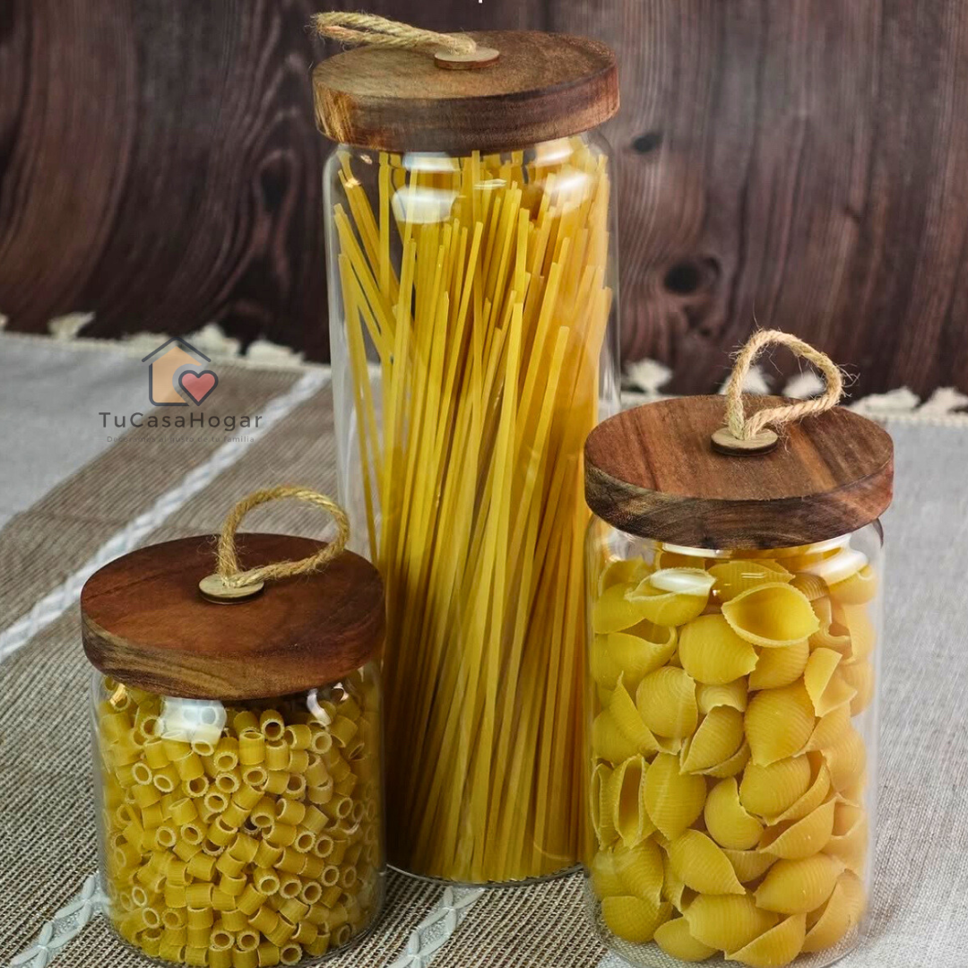 Set de 3 Frascos de Vidrio con Tapa de Madera de Acacia