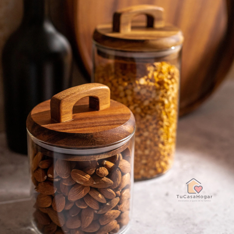 Set de 3 Frascos de Vidrio con Tapa de Madera de Acacia