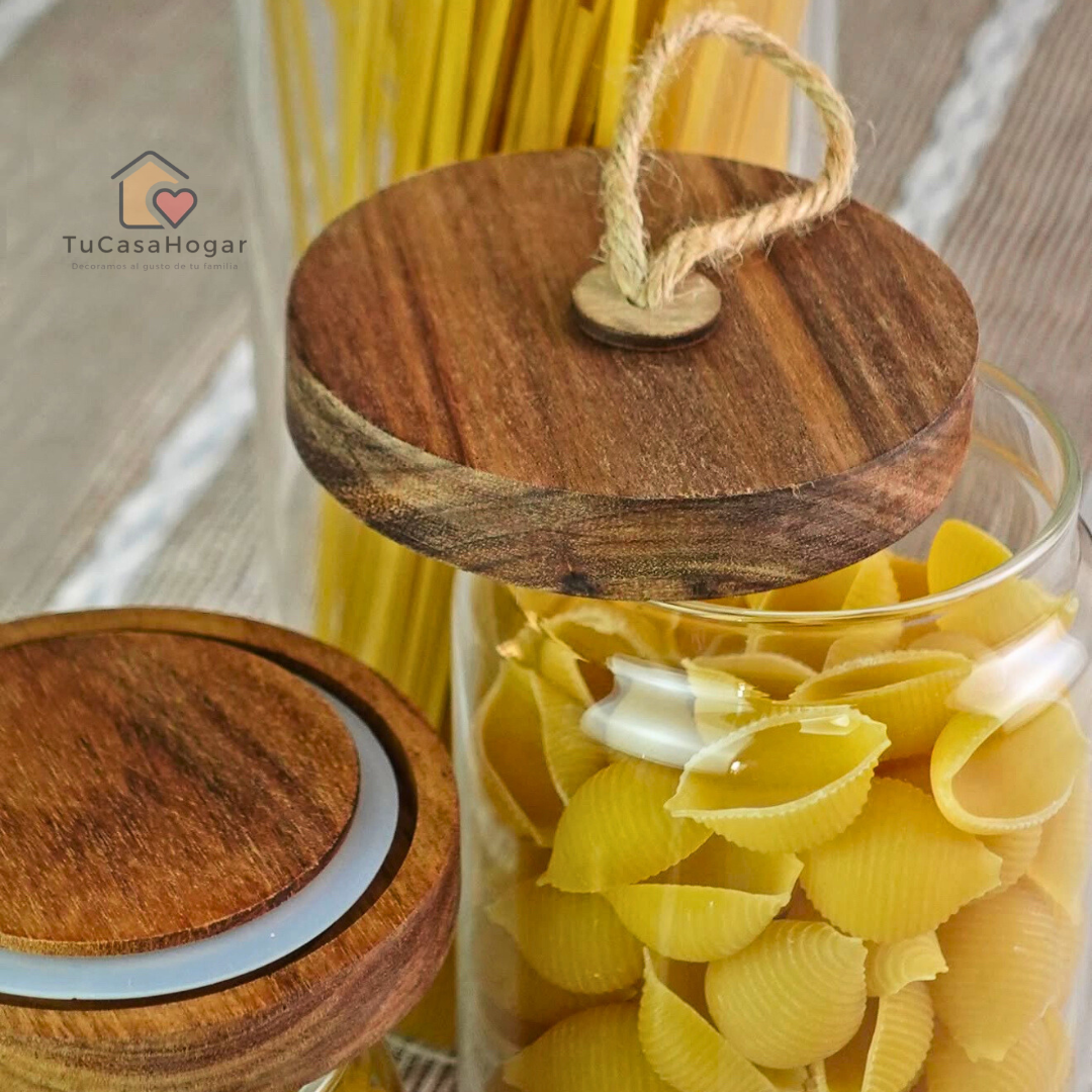 Set de 3 Frascos de Vidrio con Tapa de Madera de Acacia