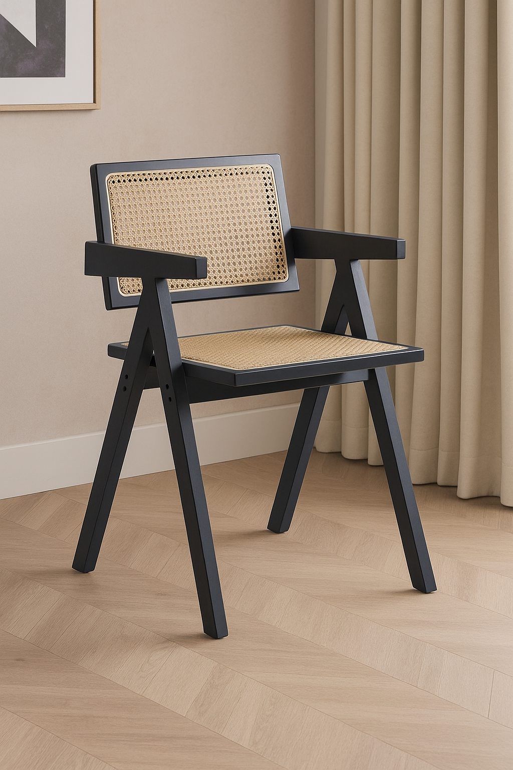 Silla Chandigarh Lambra Madera Rattan Negra
