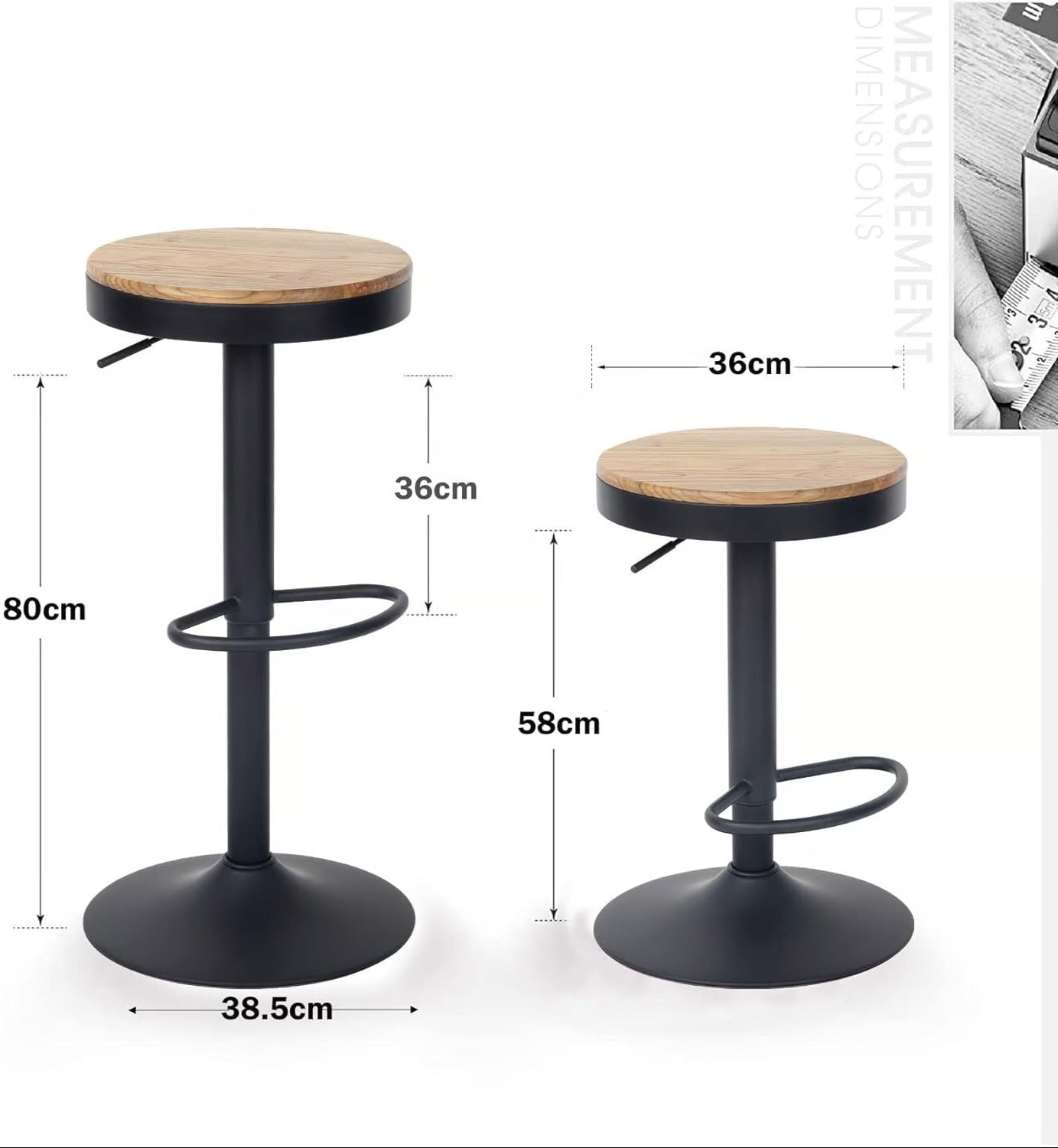 Porto Stool with Adjustable Height and Wooden Seat